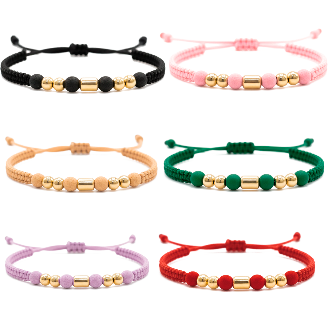Pulsera Tejida - 4 Balines 4mm y un Cilindro Liso Mediano - Oro 18k Amarillo
