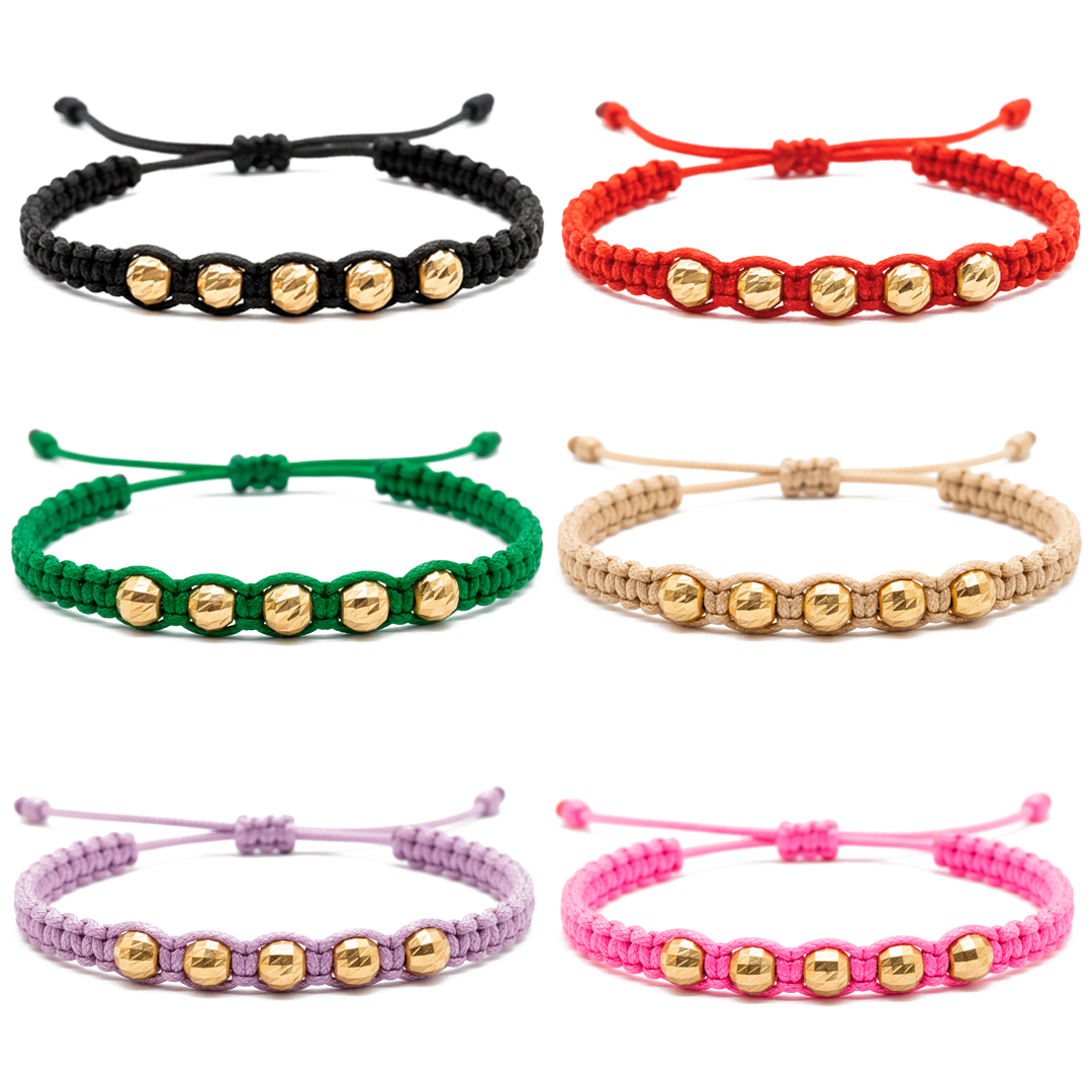Pulsera Tejida - 5 Balines Diamantados 5mm - Oro 18k Amarillo